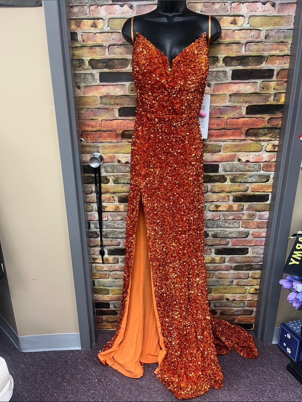 Burnt Orange Sequin Evening Gown with Front Slit